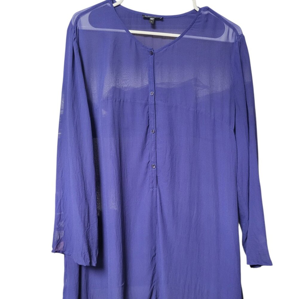 EILEEN FISHER 100% Silk Popover Henley Trapeze Top Womens Large Blue Sheer Tunic